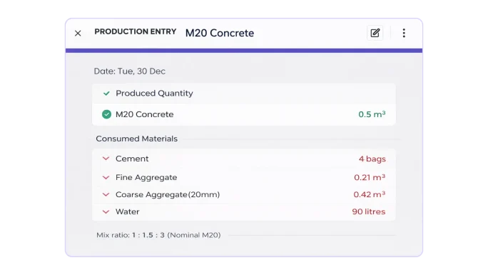 image showing ui of onsite construction management software. The UI is of production entry feature of production & mixing module