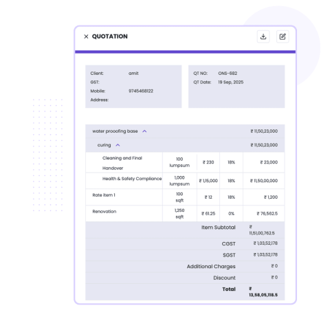 quotation screen of onsite construction crm software